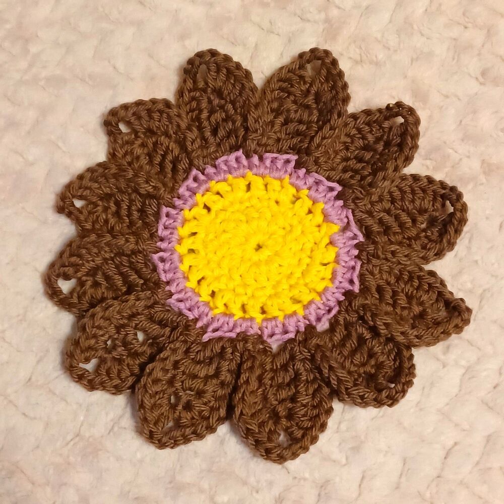 Hand Crafted Crochet Brown & Gold Flower Coasters, Set of 2 - Picture 6 of 6
